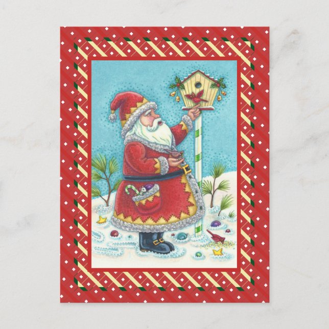 KRIS KRINGLE FEEDING REDBIRDS, CHRISTMAS BIRDHOUSE HOLIDAY POSTCARD (Front)