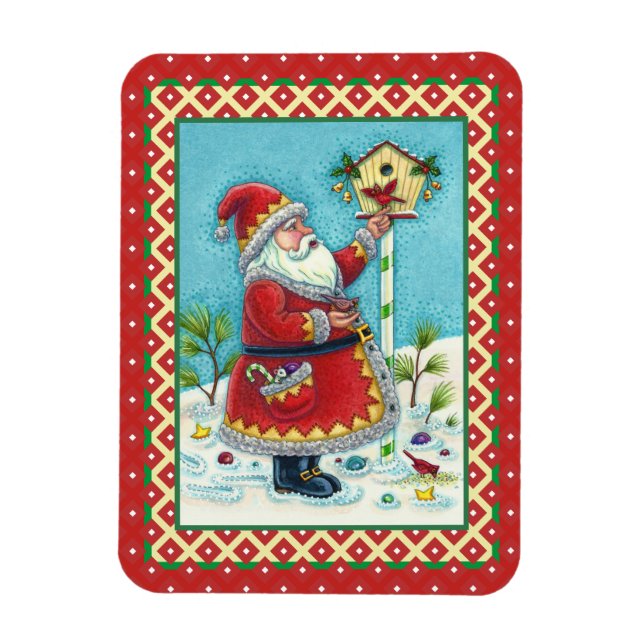 KRIS KRINGLE FEEDING REDBIRDS, CHRISTMAS BIRDHOUSE MAGNET (Vertical)