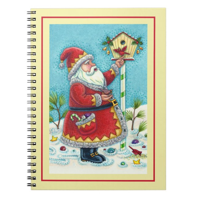 KRIS KRINGLE FEEDING REDBIRDS, CHRISTMAS BIRDHOUSE NOTEBOOK (Front)