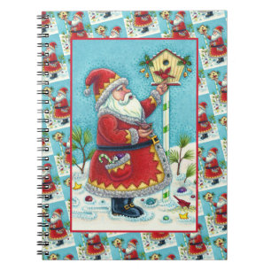 KRIS KRINGLE FEEDING REDBIRDS, CHRISTMAS BIRDHOUSE NOTEBOOK