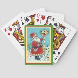 KRIS KRINGLE FEEDING REDBIRDS, CHRISTMAS BIRDHOUSE PLAYING CARDS