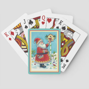 KRIS KRINGLE FEEDING REDBIRDS, CHRISTMAS BIRDHOUSE PLAYING CARDS