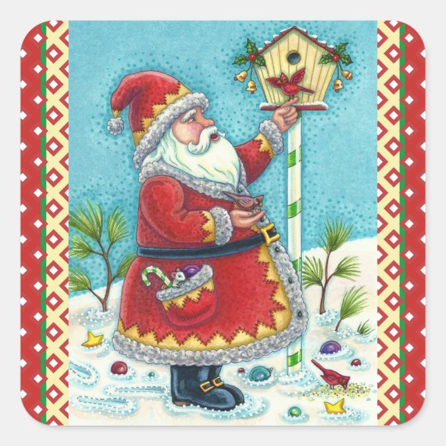 KRIS KRINGLE FEEDING REDBIRDS, CHRISTMAS BIRDHOUSE SQUARE STICKER (Front)