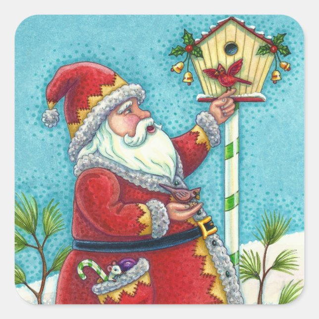 KRIS KRINGLE FEEDING REDBIRDS, CHRISTMAS BIRDHOUSE SQUARE STICKER (Front)