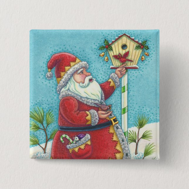 KRIS KRINGLE REDBIRDS, CHRISTMAS BIRDHOUSE BUTTON (Front)