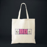 Krish periodic table name tote bag<br><div class="desc">Krish spelled out as Kr I S H (Krypton Iodine Sulphur Hydrogen) on a bag for the scientist in you.</div>