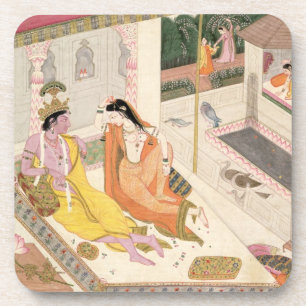 Krishna and Radha on a bed in a Mogul palace, Punj Coaster
