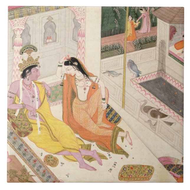 Krishna and Radha on a bed in a Mogul palace, Punj Tile (Front)