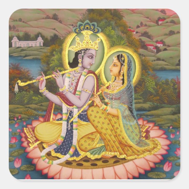 Krishna and Radha on lotus Square Sticker (Front)