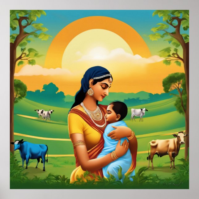 Krishna and Yashoda Indian Mythological Art Print (Front)