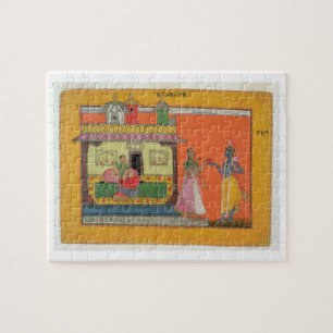 Krishna arriving at Radha's house, illustration fr Jigsaw Puzzle