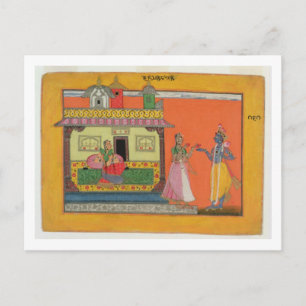 Krishna arriving at Radha's house, illustration fr Postcard