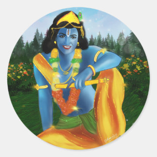 Krishna in garden classic round sticker