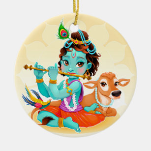 Krishna Indian God playing flute illustration Ceramic Tree Decoration