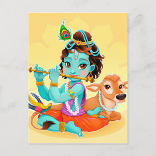 Krishna Indian God playing flute illustration Postcard