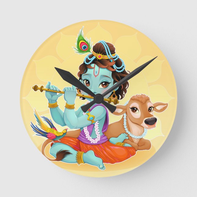 Krishna Indian God playing flute illustration Round Clock (Front)