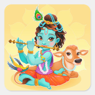 Krishna Indian God playing flute illustration Square Sticker