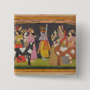 Krishna lifting Mount Govardhana, from the 'Bhagav 15 Cm Square Badge