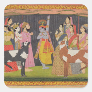 Krishna lifting Mount Govardhana, from the 'Bhagav Square Sticker