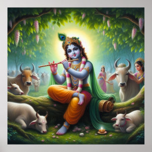 Krishna Playing Flute Under Kadamba Tree Poster