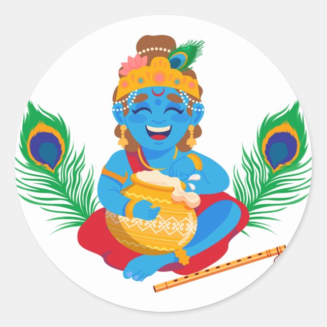 Krishna with butter pot peacock feather  classic round sticker (Front)
