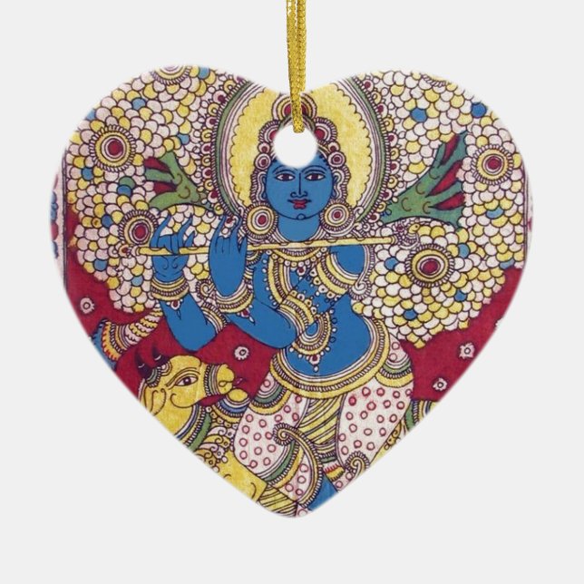 KRISHNA WITH FLUTE KALAMKARI PAINTING CERAMIC TREE DECORATION (Front)