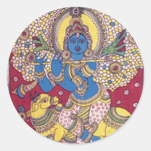 KRISHNA WITH FLUTE KALAMKARI PAINTING CLASSIC ROUND STICKER