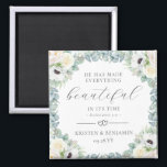 Kristen Christian Wedding Favours Bible Verse Magnet<br><div class="desc">Add a spiritual touch to your wedding favours with these elegant, Christian wedding favour magnets featuring a beautiful wreath of exquisitely hand painted, white watercolor flowers and eucalyptus greenery and the Bible verse "He has made everything beautiful in its time" (Ecclesiastes 3:11). To reposition elements or change fonts and text...</div>