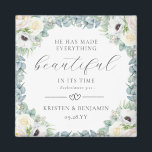 Kristen Christian Wedding Favours Bible Verse Magnet<br><div class="desc">Add a spiritual touch to your wedding favours with these elegant, Christian wedding favour magnets featuring a beautiful wreath of exquisitely hand painted, white watercolor flowers and eucalyptus greenery and the Bible verse "He has made everything beautiful in its time" (Ecclesiastes 3:11). To reposition elements or change fonts and text...</div>