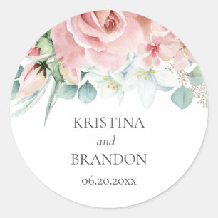 Kristina Floral Pink Boho Chic Wedding Classic Round Sticker