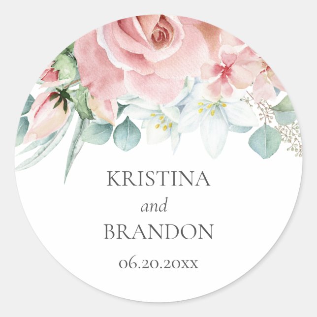 Kristina Floral Pink Boho Chic Wedding Classic Round Sticker (Front)