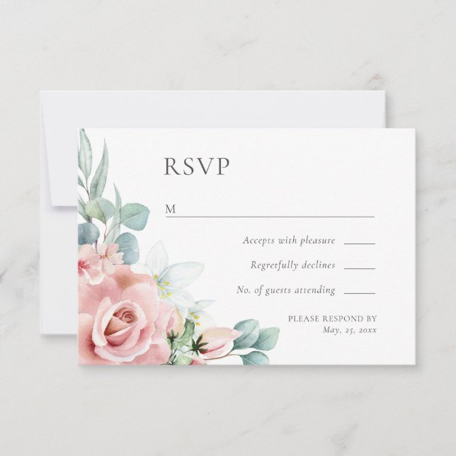 Kristina Pastel Pink Floral Boho Chic RSVP Card (Front)