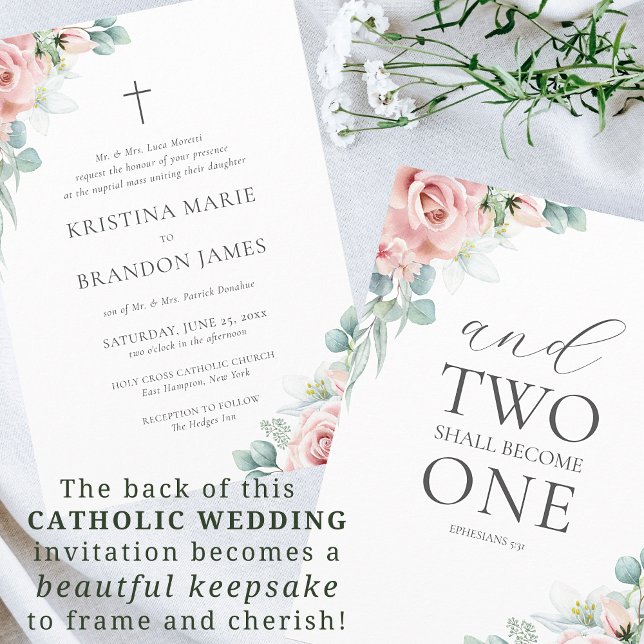 Kristina Pink Floral Modern Catholic Wedding Invitation (Creator Uploaded)