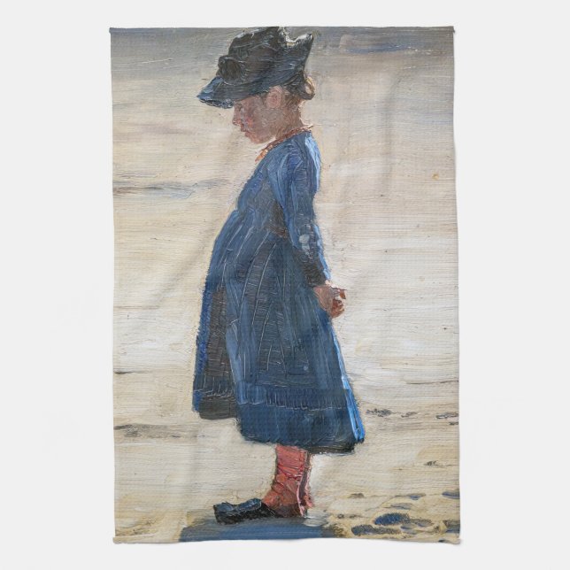 Kroyer - Little Girl standing on Skagen Beach Tea Towel (Vertical)