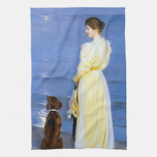 Kroyer - The Artist's Wife and Dog by the Shore Tea Towel