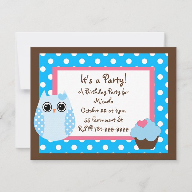 KRW Brown & Blue Polka Dot Owl Birthday Invitation (Front)