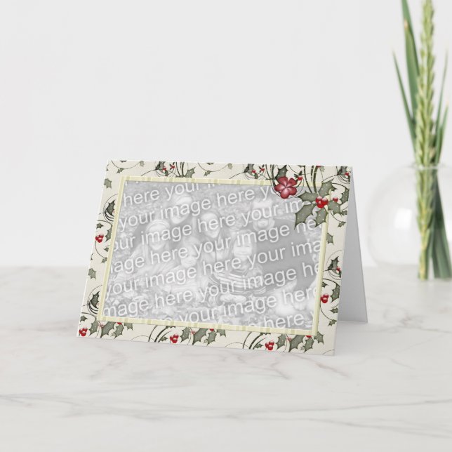 KRW Country Holly and Ivory Stripes Photo Holiday Card (Front)