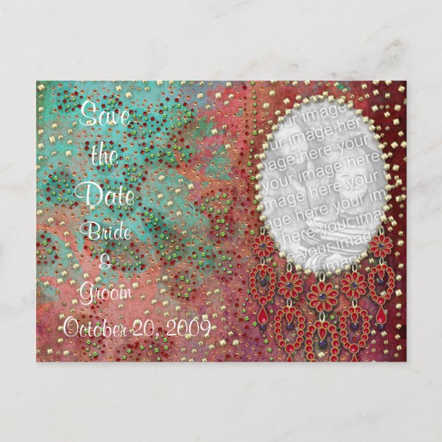KRW Custom Indian Jewelled Photo Save the Date Announcement Postcard (Front)