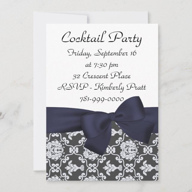 KRW Navy Blue Damask Cocktail Party Invitation (Front)