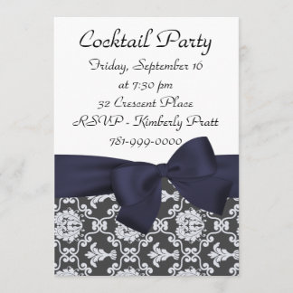 KRW Navy Blue Damask Cocktail Party Invitation
