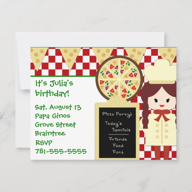 KRW Pizza Party Girl Birthday Party Invitations (Front)