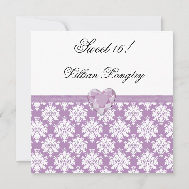 KRW Purple Jewel Heart Sweet 16 Invitation (Front)