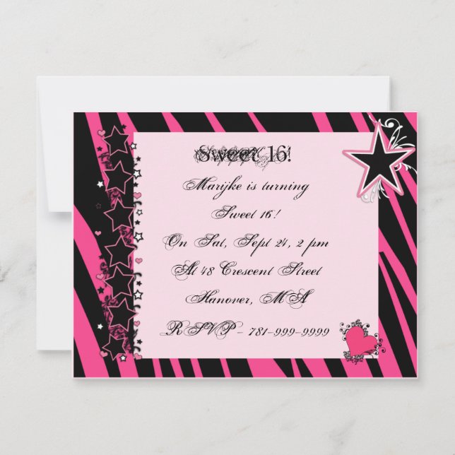 KRW Sweet 16 Pink Zebra Print Heart Stars Birthday Invitation (Front)