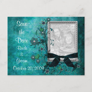 KRW Teal Flowers and Bows Photo Save the Date Announcement Postcard
