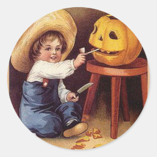 KRW Vintage Carving the Pumpkin Halloween Classic Round Sticker
