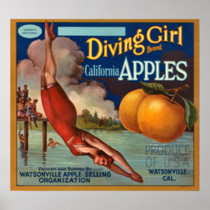 KRW Vintage Diving Girl Apple Fruit Crate Label Poster