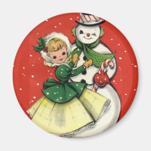 KRW Vintage Girl and Snowman Christmas Magnet