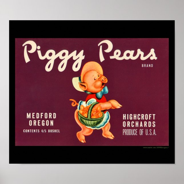 KRW Vintage Piggy Pears Fruit Crate Label Poster (Front)