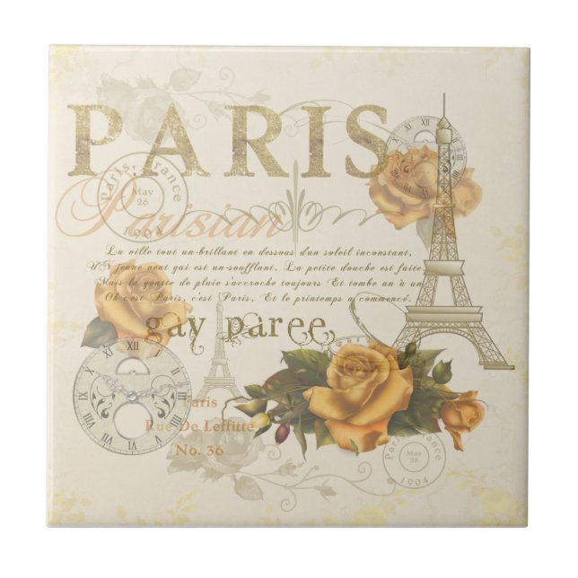 KRW Vintage Style Paris Roses Eiffel Tower Tile (Front)