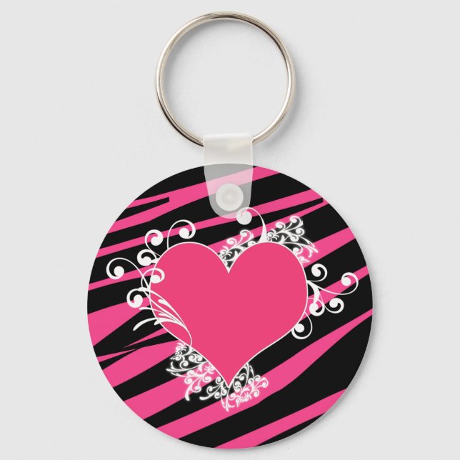 KRW Zebra Heart Swirls Pink and Black Name Keyring (Front)